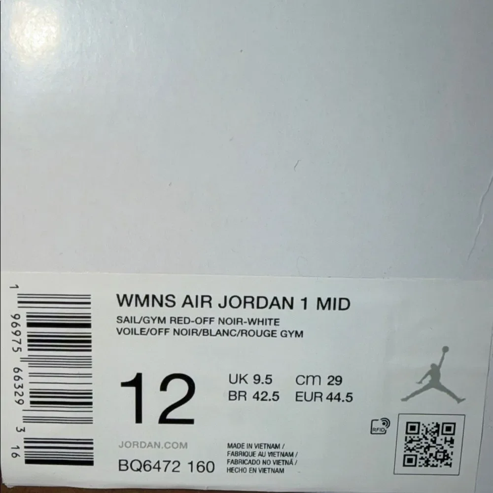 Nike Air Jordan 1 Mid Gym Red White Sail BQ6472-160 Women’s Size 12